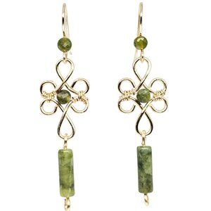 Handmade Green Jade Gemstone Beaded Gold Tone Celtic Dangle Boho Earrings